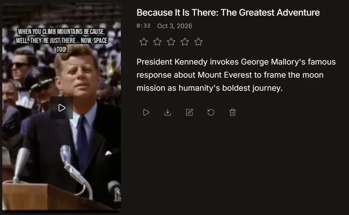 A generated IMABIRD clip with burned-in captions, its title, its length and the reason it was picked