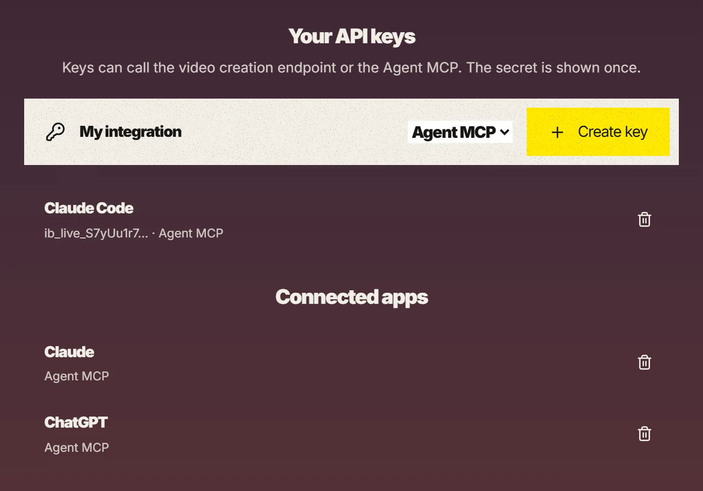 API keys with Agent MCP access and the connected apps list on the IMABIRD API page