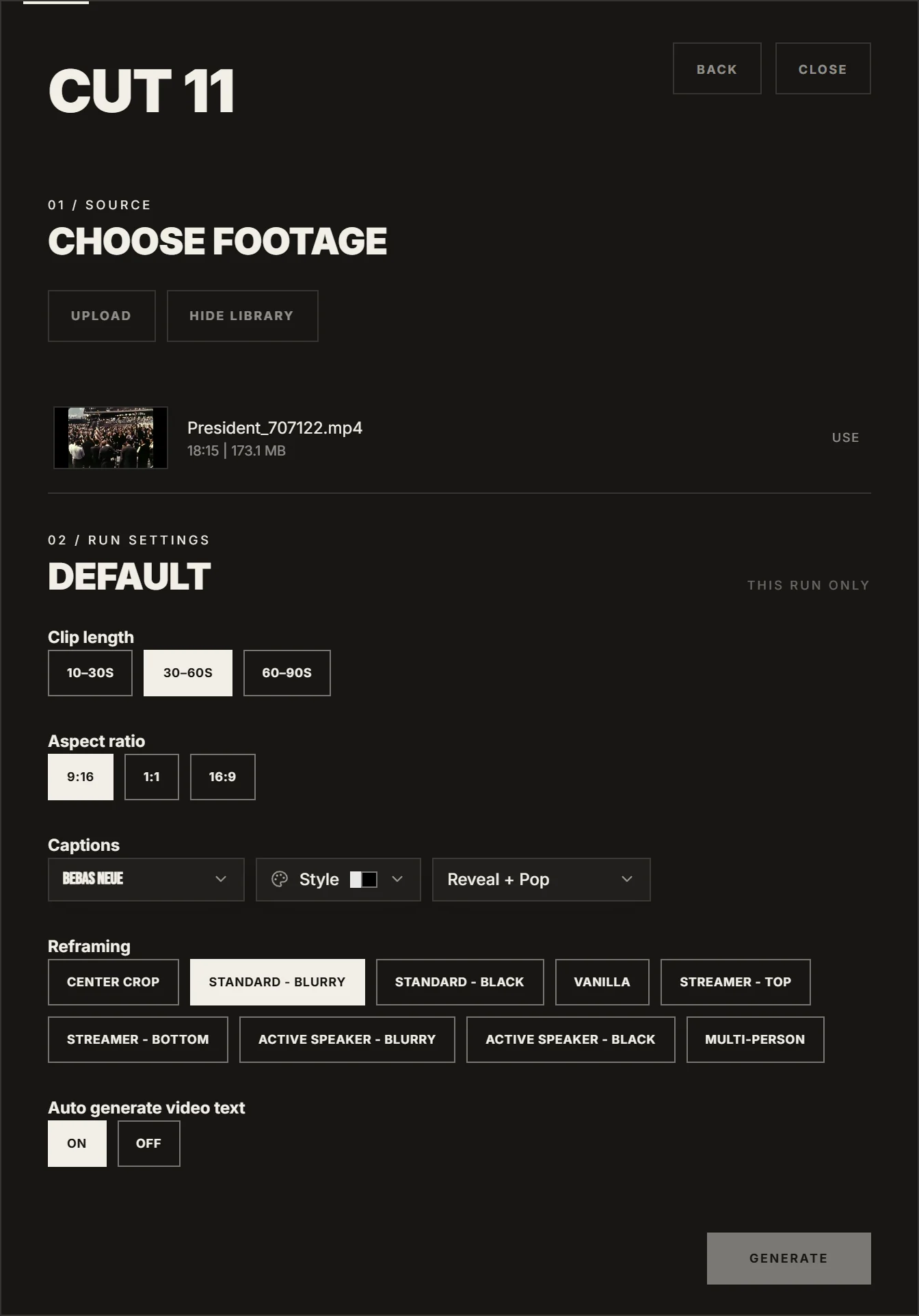 IMABIRD run settings for clip length, aspect ratio, captions and reframing