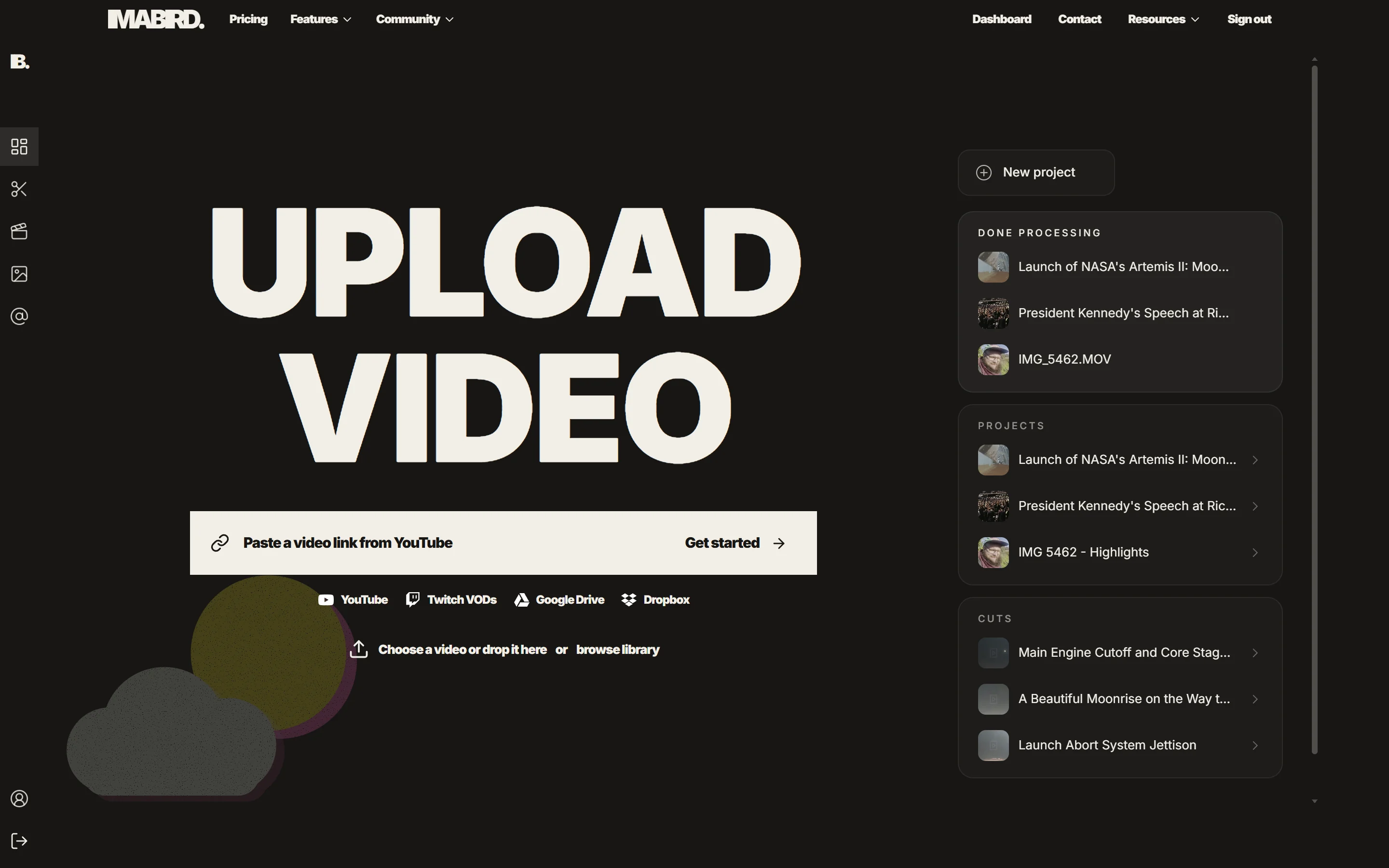 The IMABIRD dashboard, where a recording is uploaded or pasted as a YouTube, Google Drive or Dropbox link
