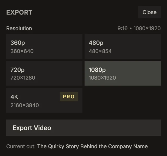 The IMABIRD export panel with resolutions from 360p up to 4K