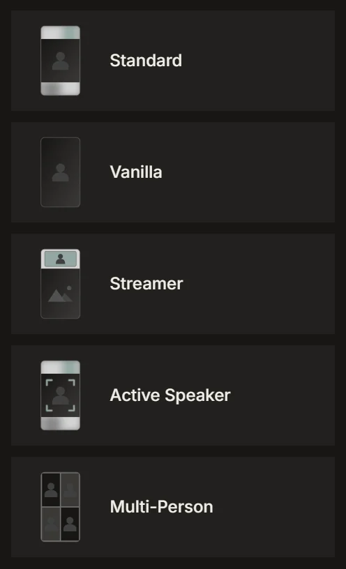IMABIRD reframing layouts, including Streamer with the camera above the action