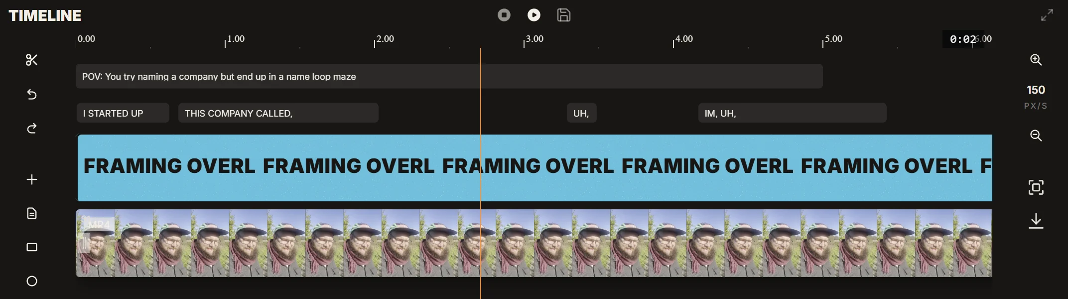 Captions, text and video clips on the IMABIRD timeline